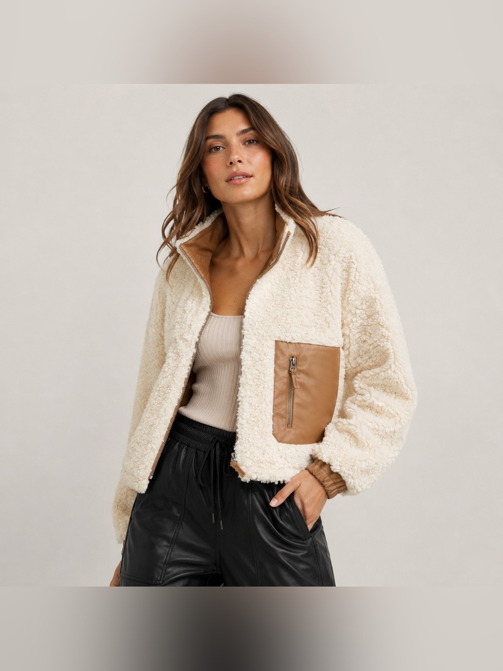 Evereve Blank NYC Sherpa Teddy Bear Jacket Full Zip Womens XL Ivory Tan - Picture 1 of 7